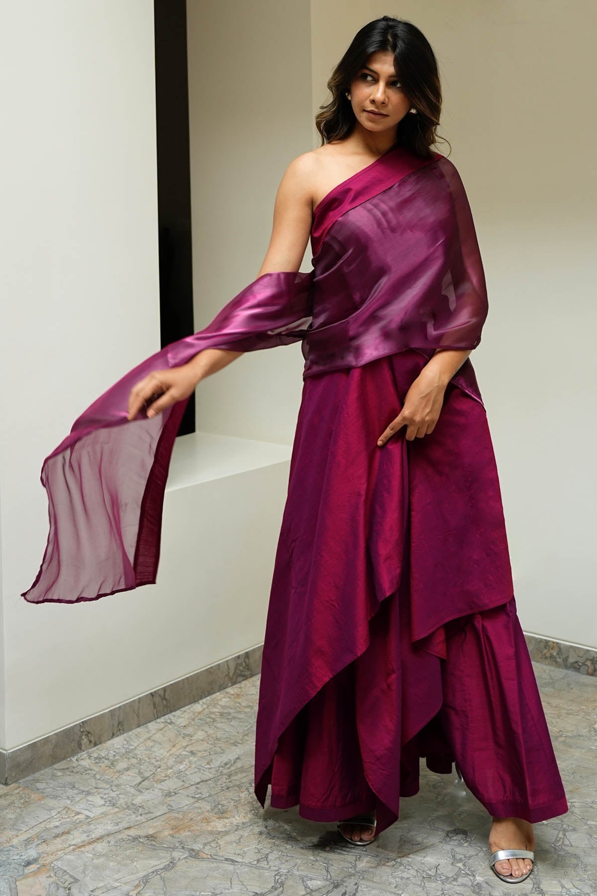 Buy Purple Slub Silk Saree Co-ord Set For Women's available at ScrollnShops